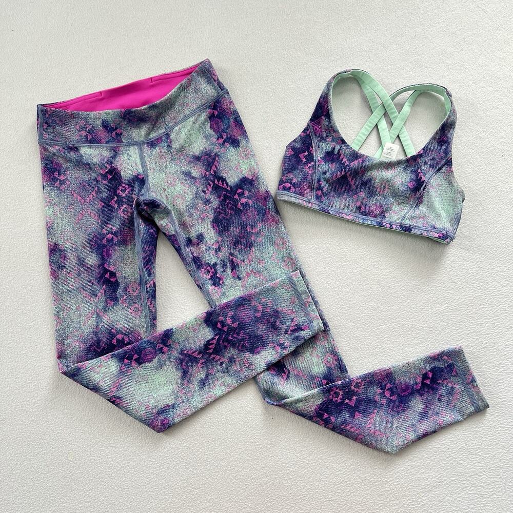 Ivivva Girl Purple Mint Print Reversible Criss Cross Sports Bra 7 Legging 8 Lot